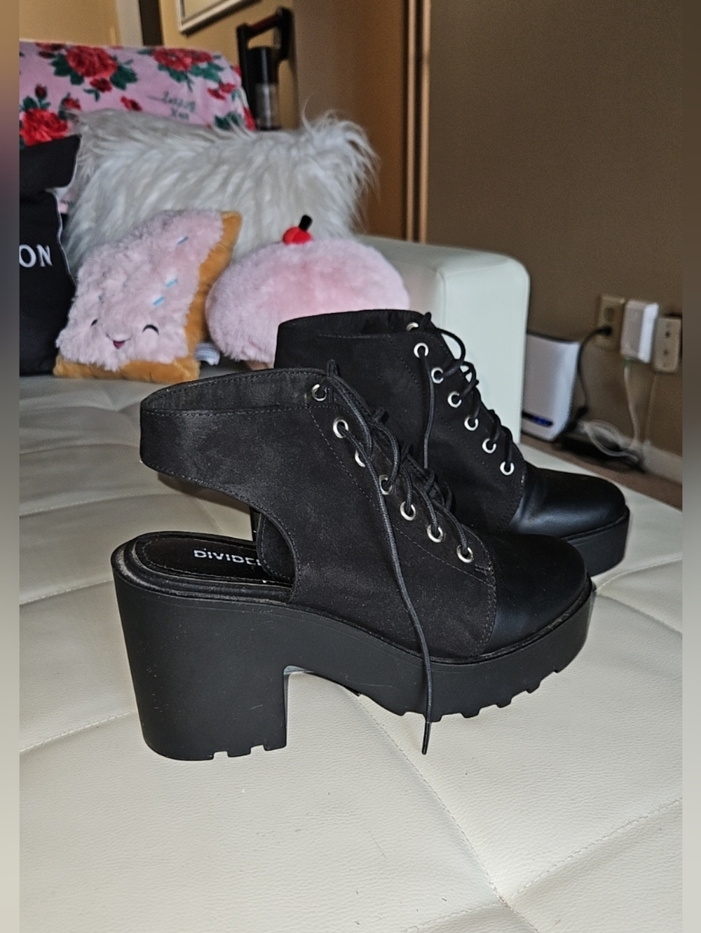 Divided Black Cutout Lace-Up Chunky Heel Sandals